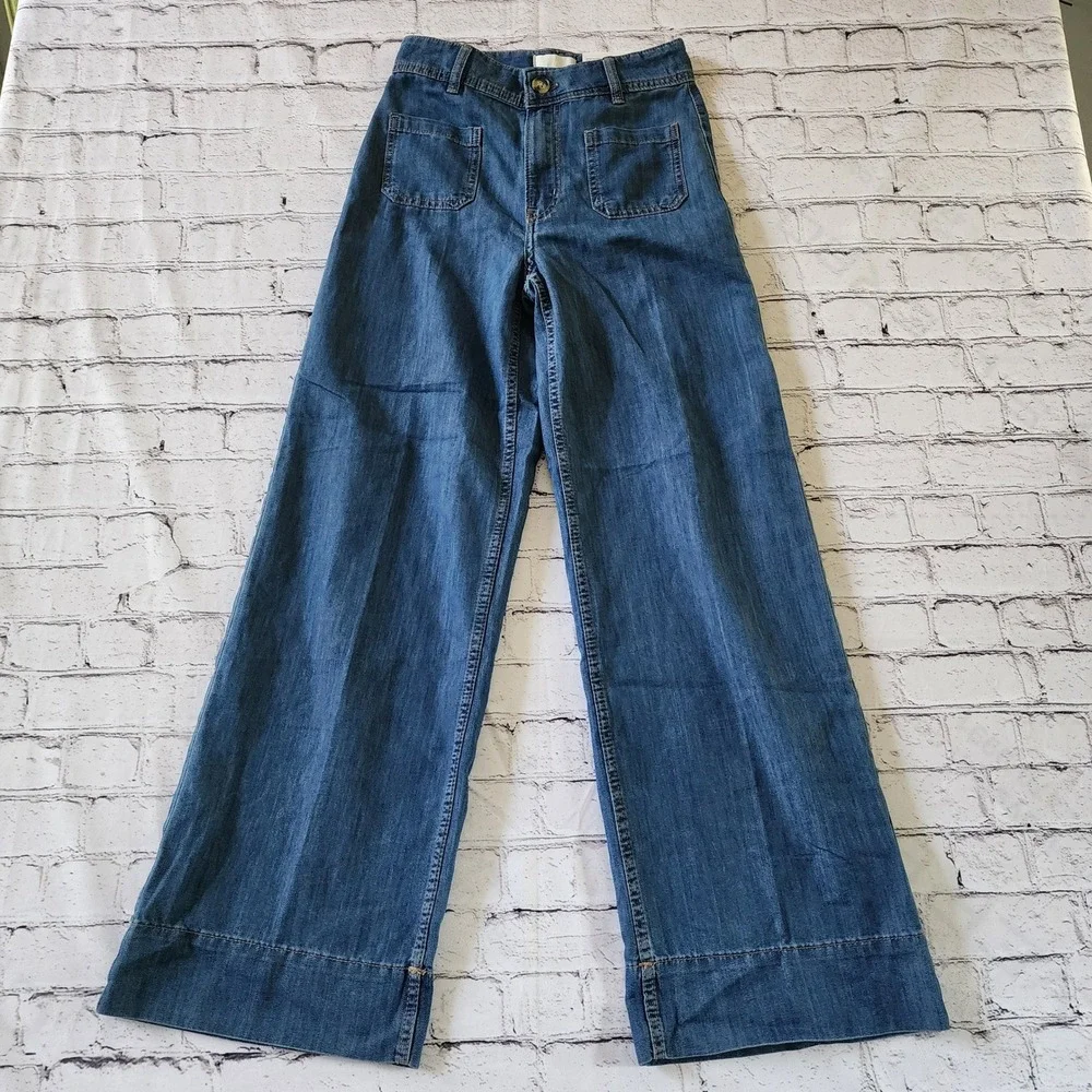 H&M Women Wide High Waist Jeans Blue Medium Wash Patch Pocket Denim US 2 NEW